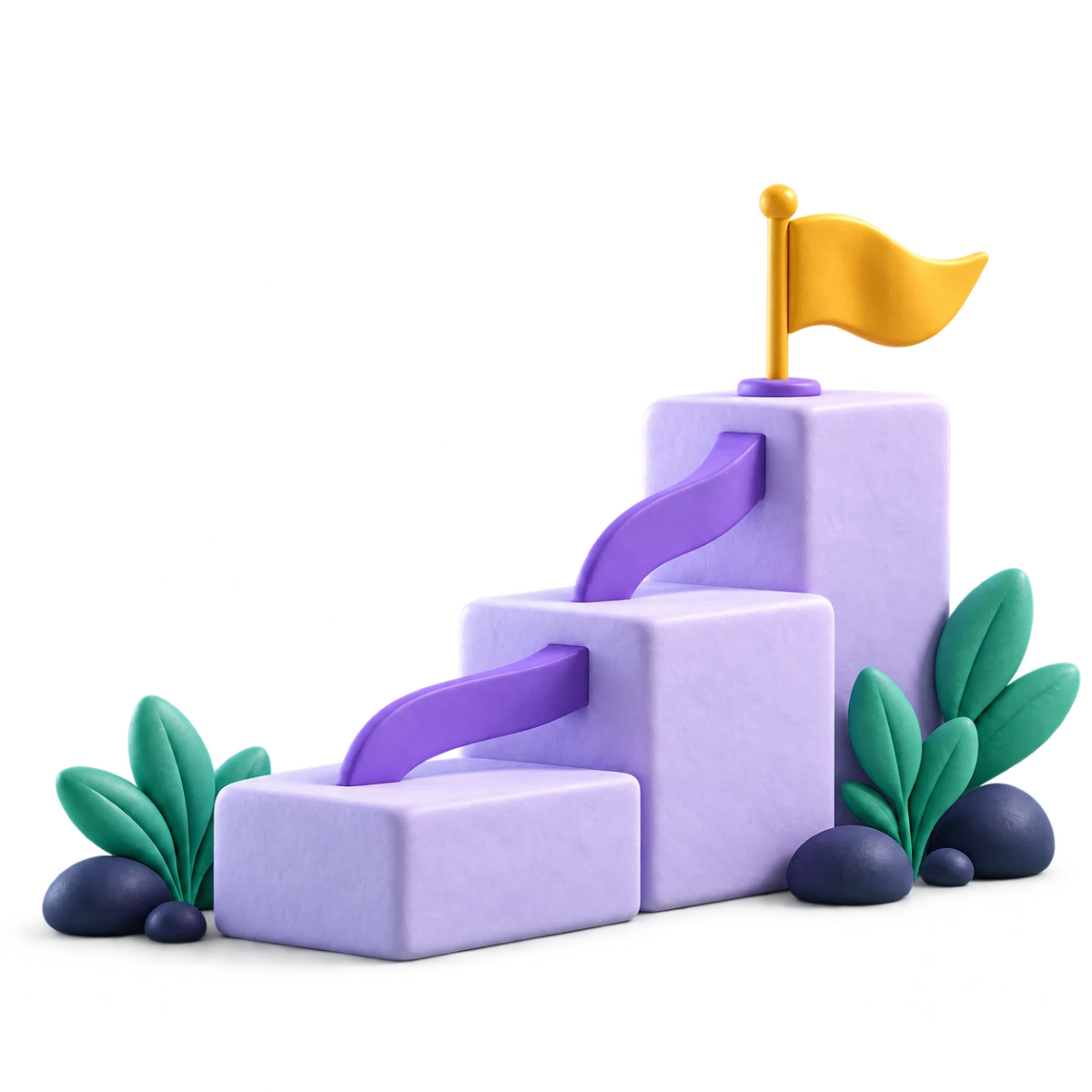 Lavender clay steps with a violet path leading to a small yellow goal flag