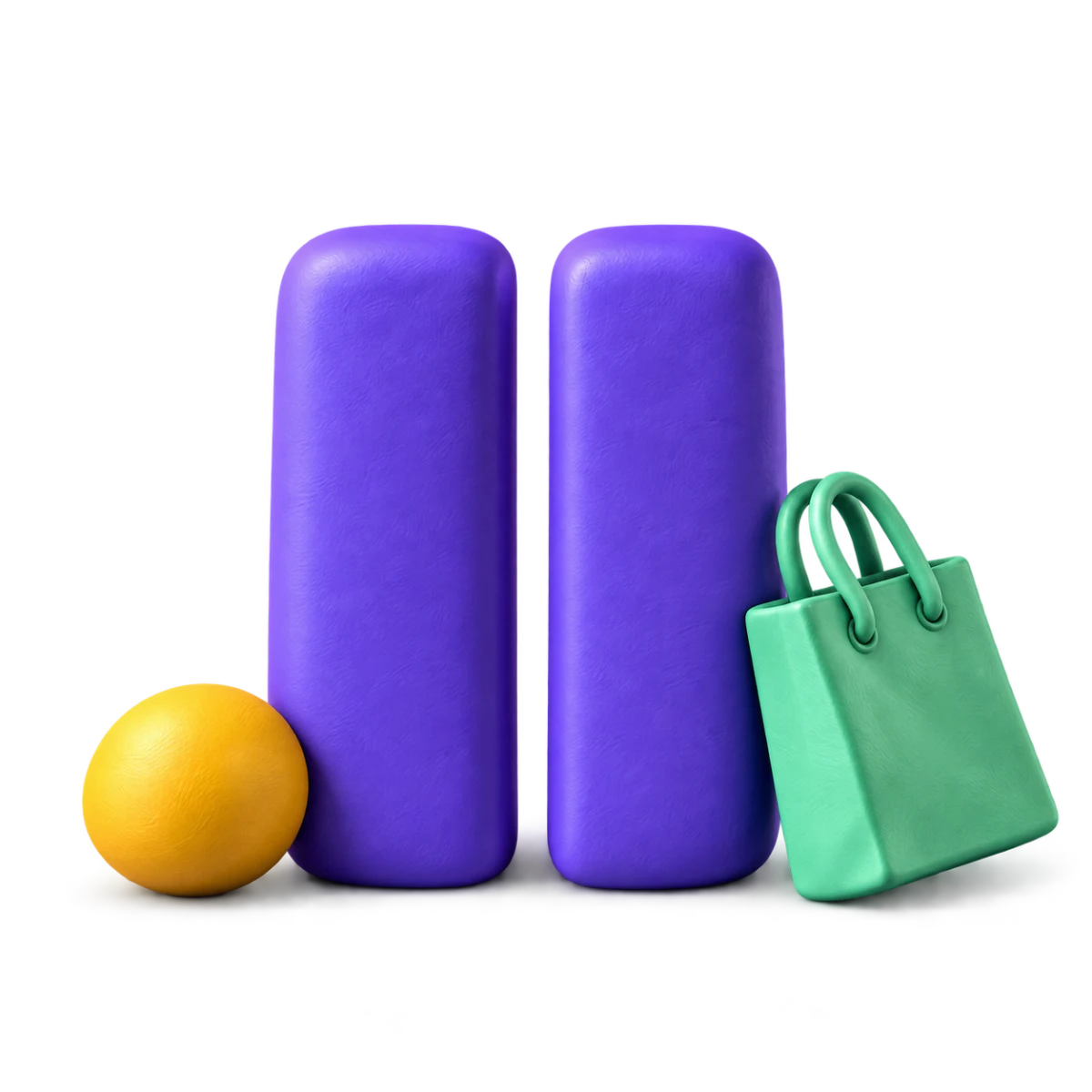 Soft purple clay pause bars beside a mint shopping bag and a yellow ball