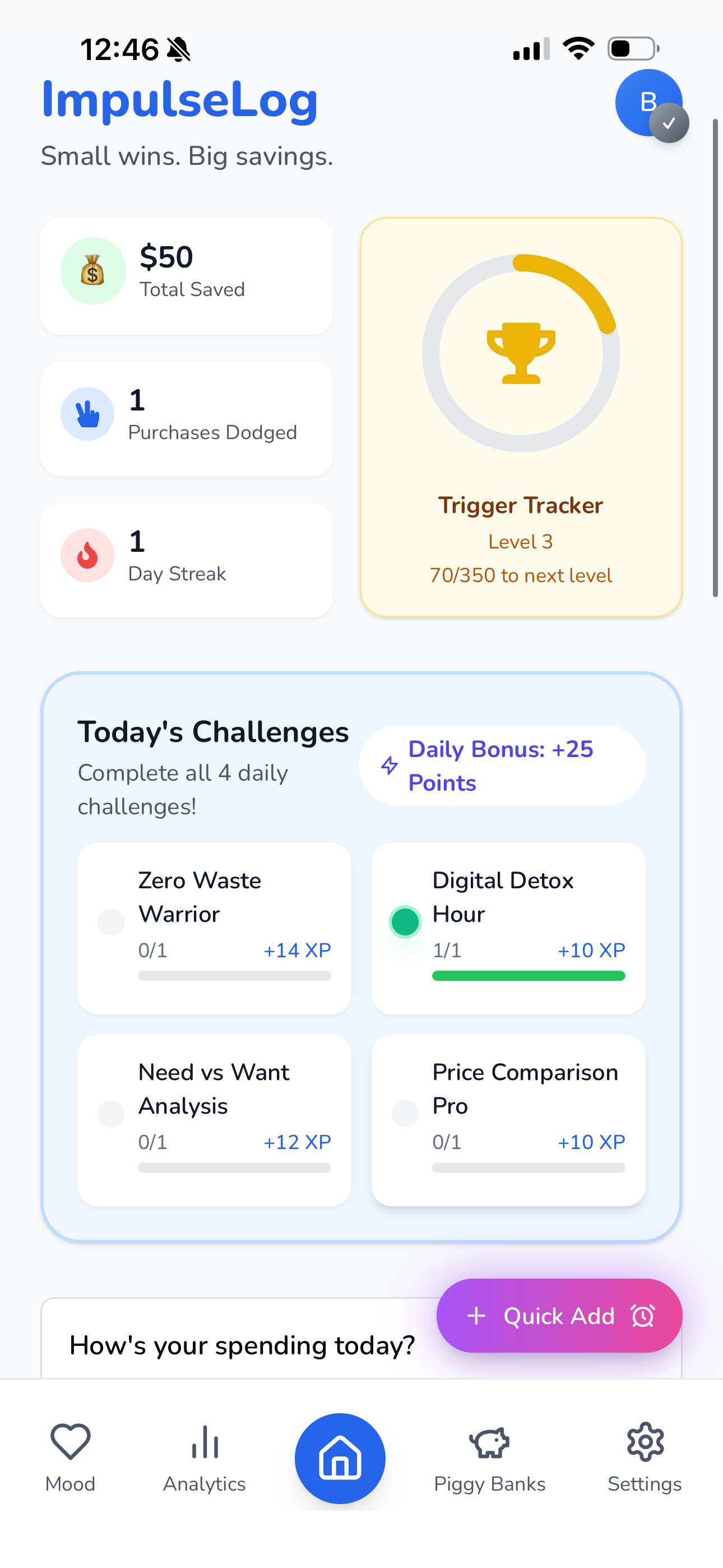 ImpulseLog Dashboard - Track savings, challenges, and level progress