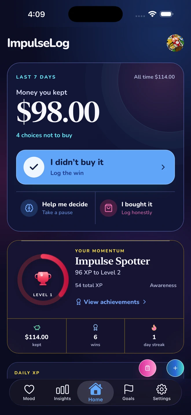 ImpulseLog Dashboard - Track savings, challenges, and level progress
