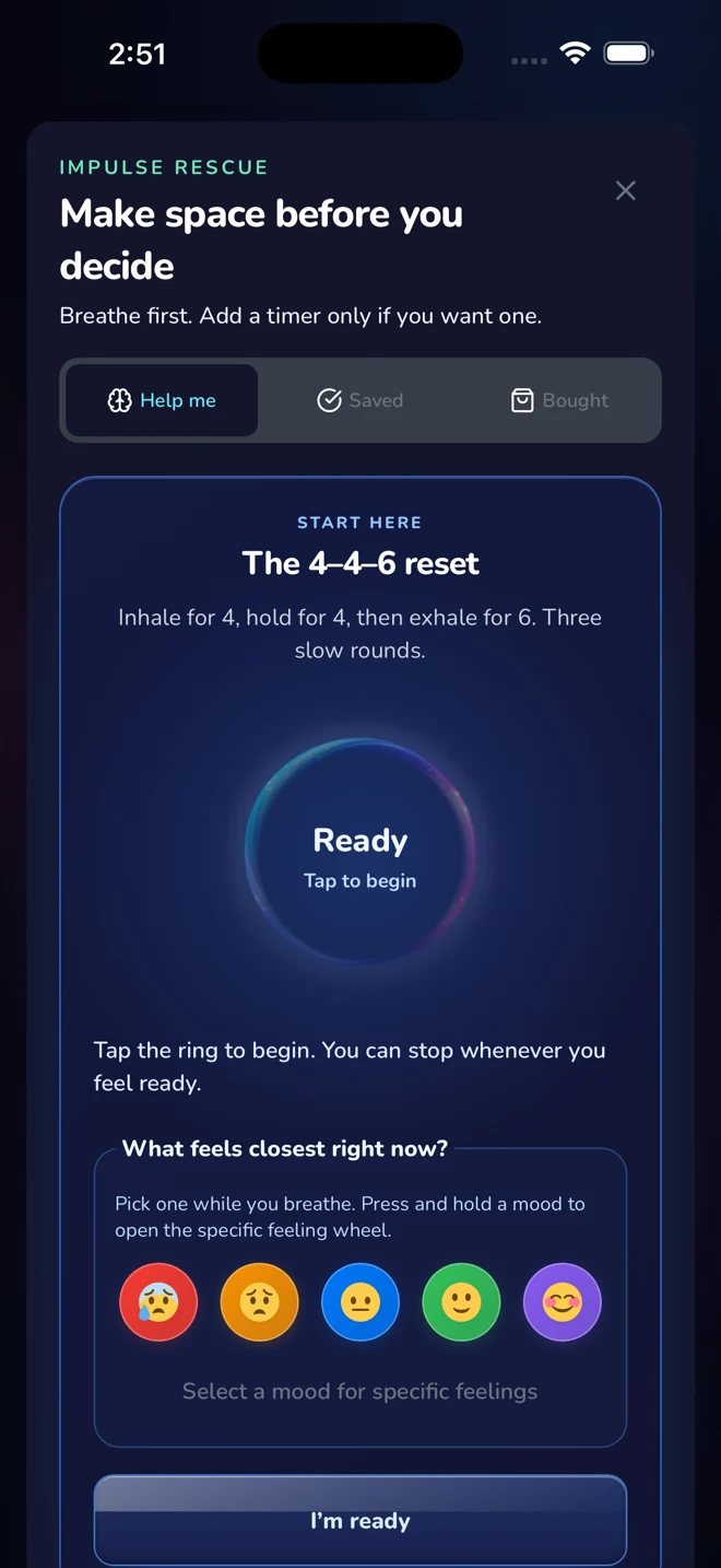 Impulse Rescue breathing reset for making space before a purchase decision