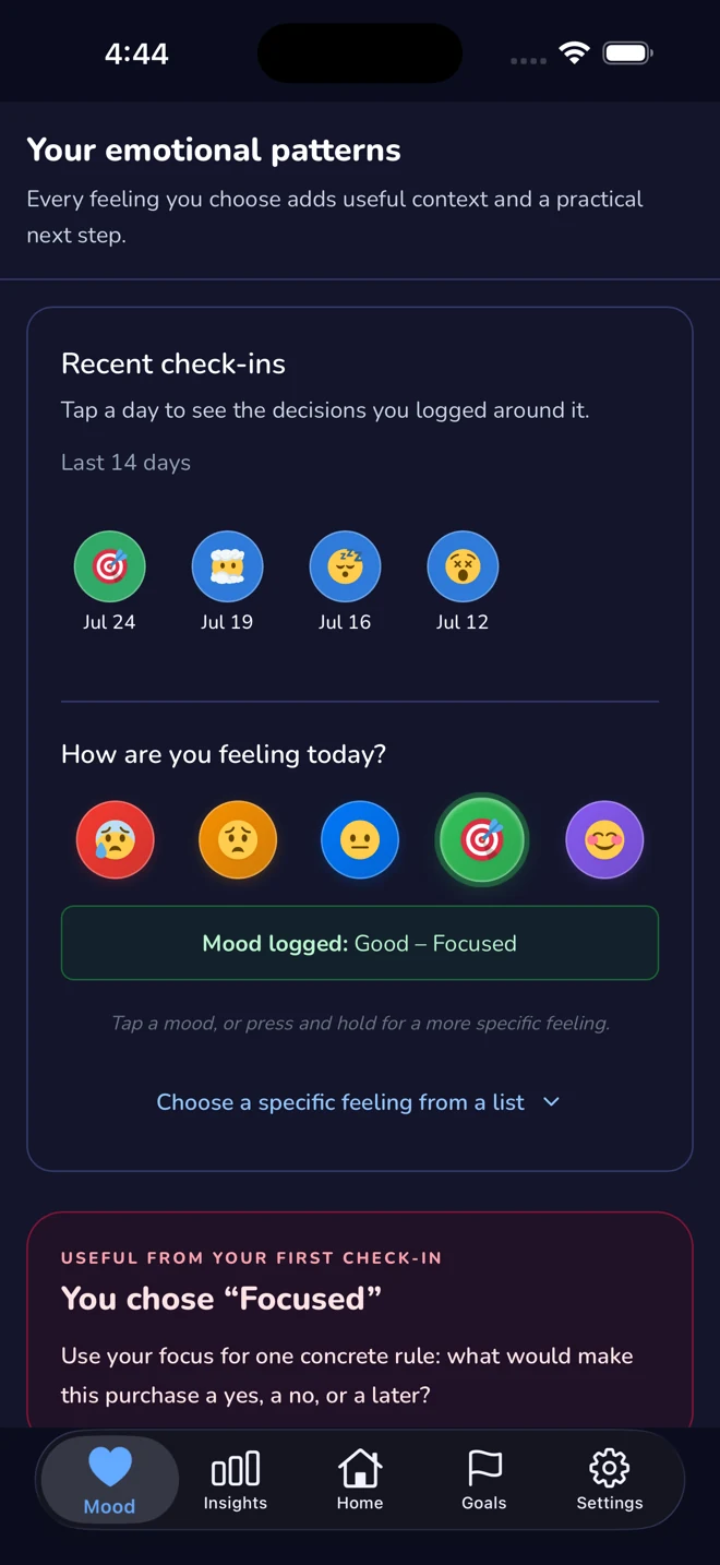 Mood Patterns screen showing recent emotional check-ins and practical guidance