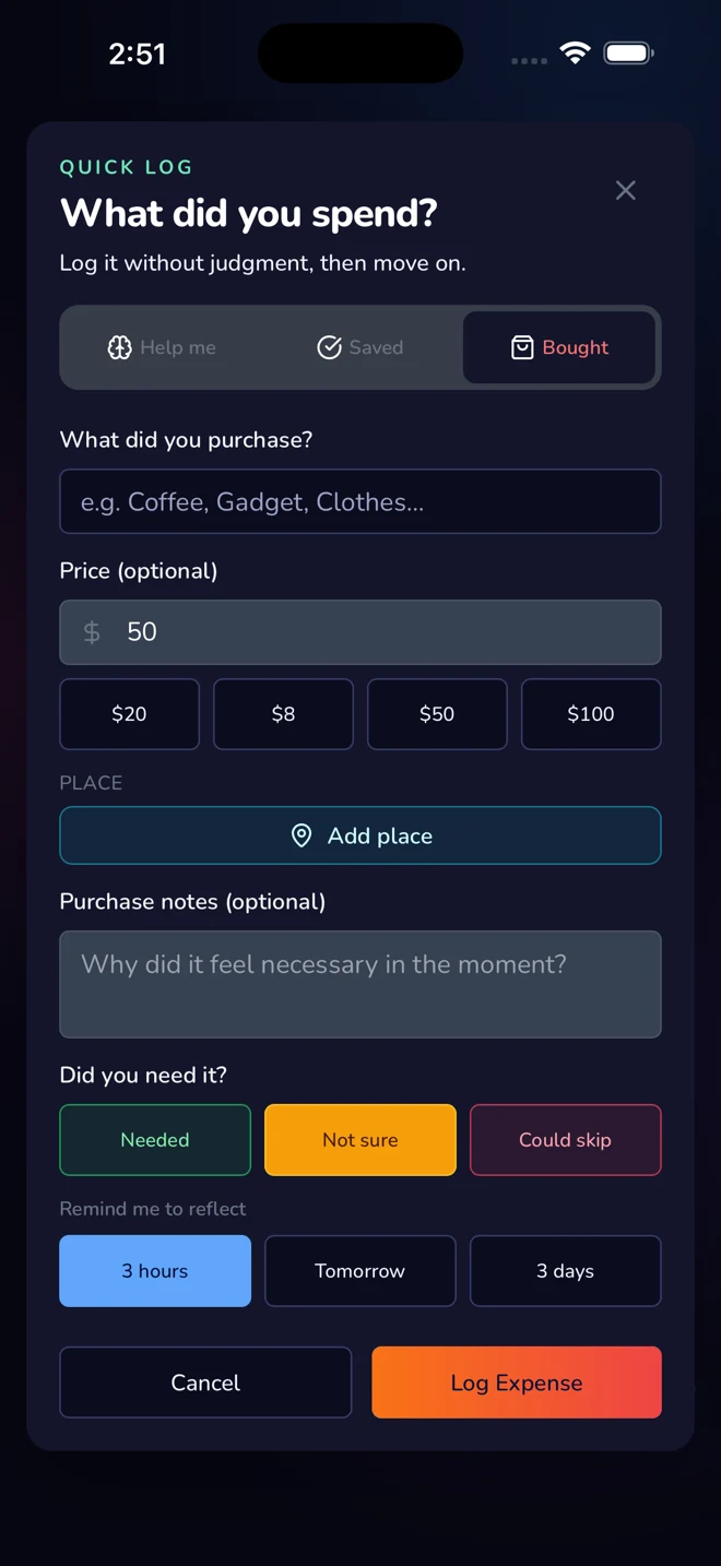 Purchase Log screen for recording an expense and scheduling a reflection