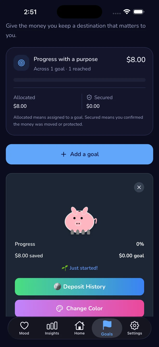 Savings Goals screen showing allocated savings and goal progress