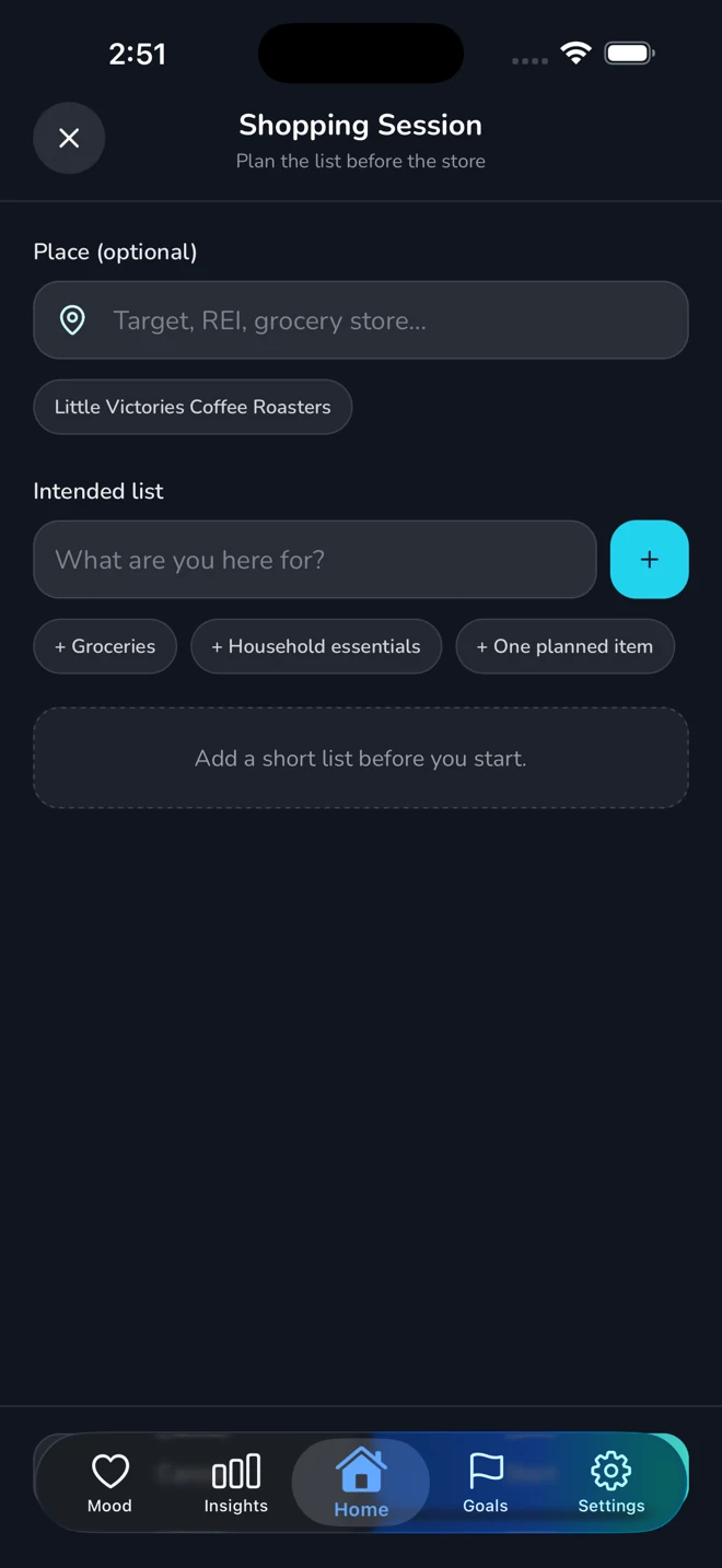 Shopping Session screen for planning a list before entering a store